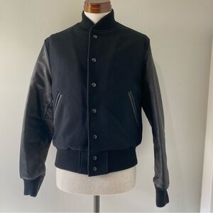 Golden Bear men's Albany black wool varsity jacket with leather sleeves, size XS
